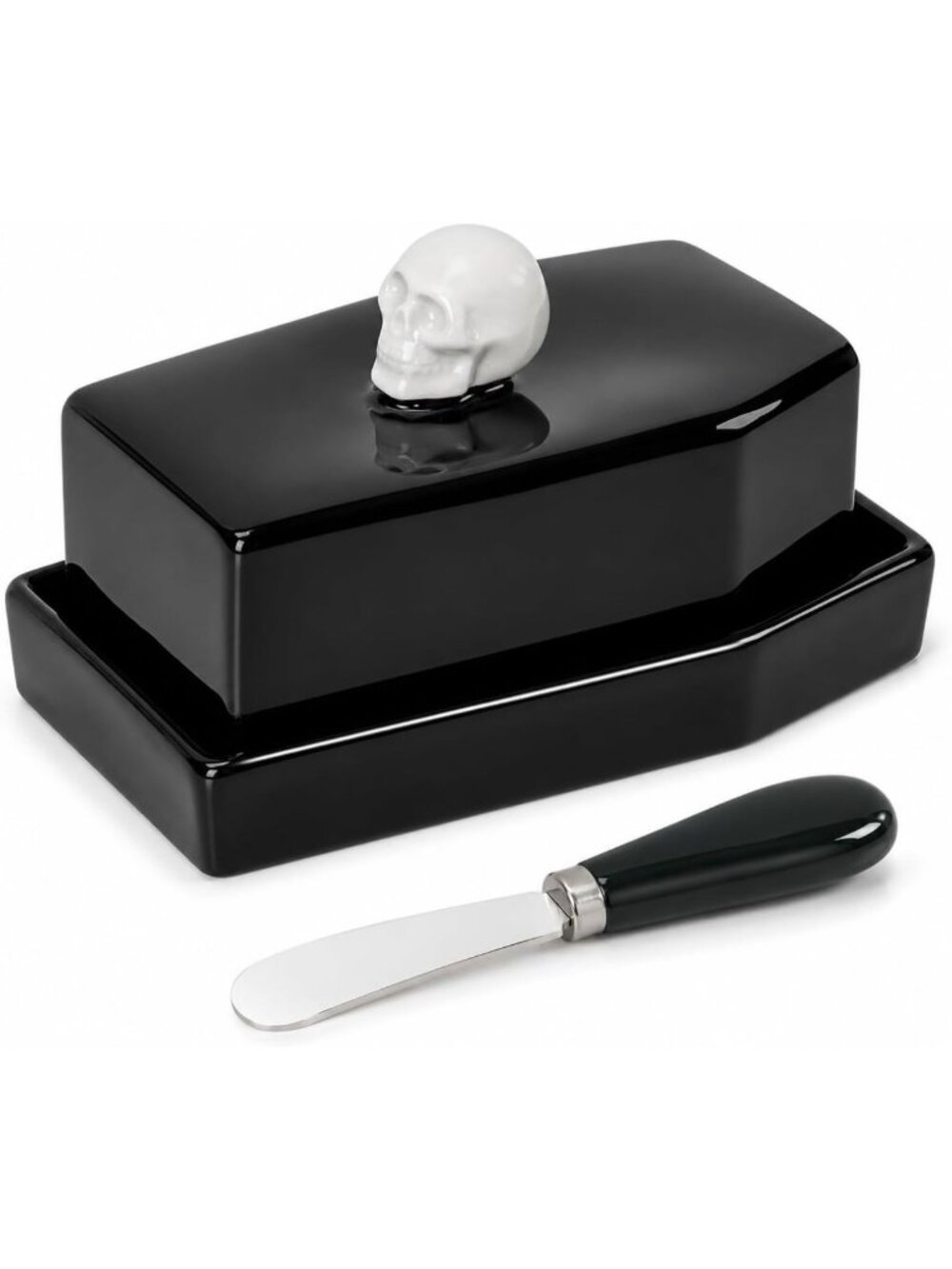 Skull Ceramic Butter Dish with Lid and Butter Spreader